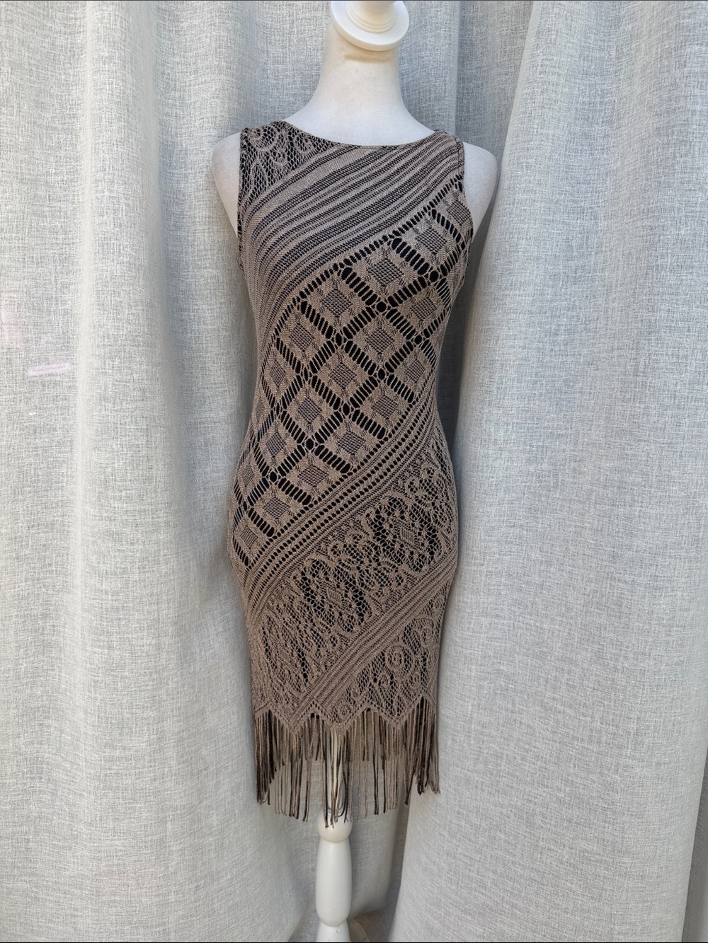 1990 Double Fault sleeveless taupe black mini dress diagonal lace fringe hem